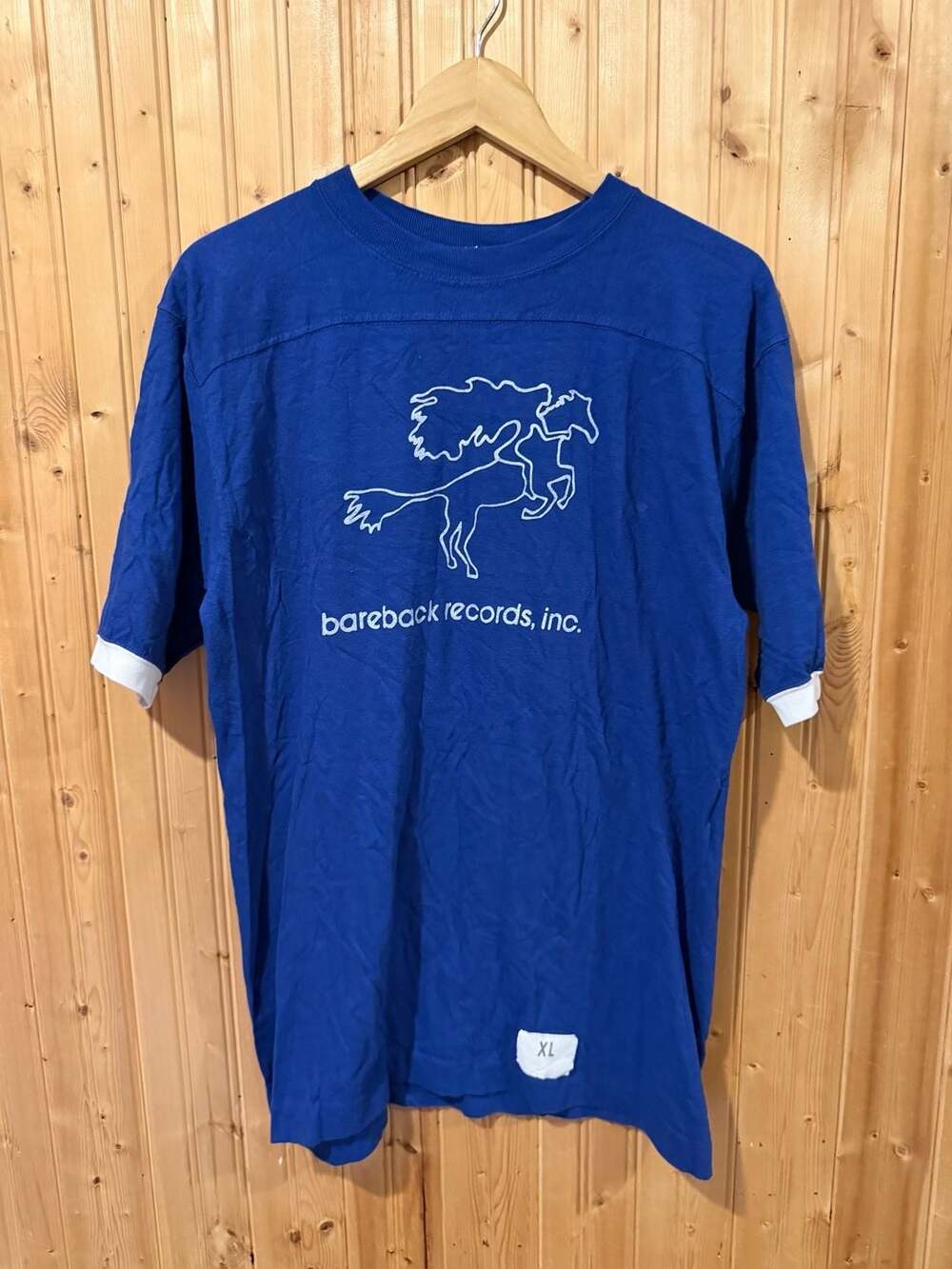 Vintage 70s Bareback Records Inc. Ringer T-Shirt Blue White XL